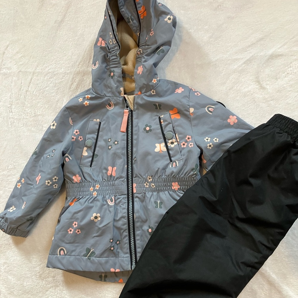 Floral Hooded Jacket and Black Pants Set